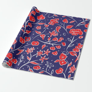 Papel De Presente Padrão Floral Vermelho e Azul