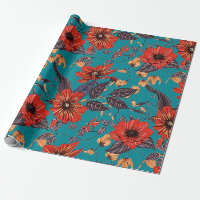 Papel De Presente Padrão Floral Vermelho e Teal (Desenrolado)