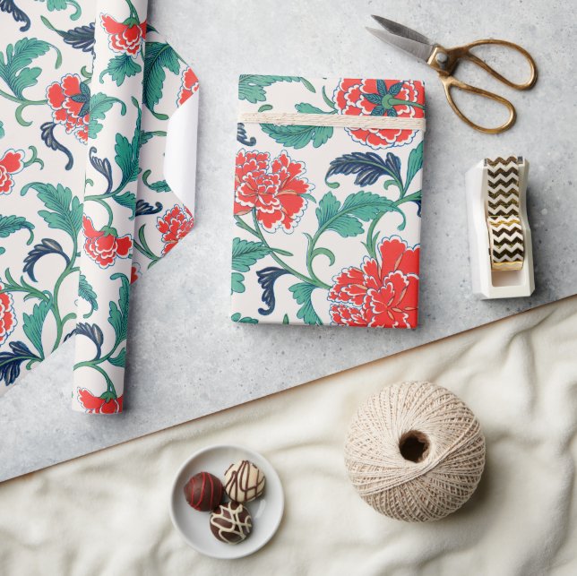 Papel De Presente Padrão Floral Vermelho e Verde (Artesanato)