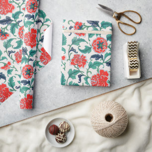 Papel De Presente Padrão Floral Vermelho e Verde