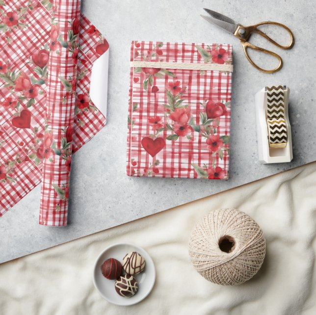 Papel De Presente Padrão Floral Vermelho Moderno do Tartan (Artesanato)