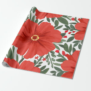 Papel De Presente Padrão Floral Vermelho Negrito com Folhas Verdes L