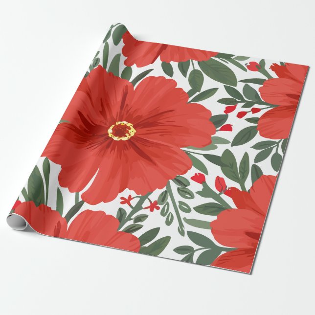 Papel De Presente Padrão Floral Vermelho Negrito com Folhas Verdes L (Desenrolado)