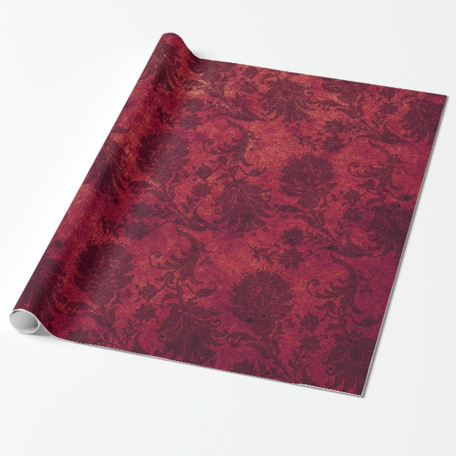 Papel De Presente Padrão floral vermelho-real de damascos vermelhos  (Desenrolado)