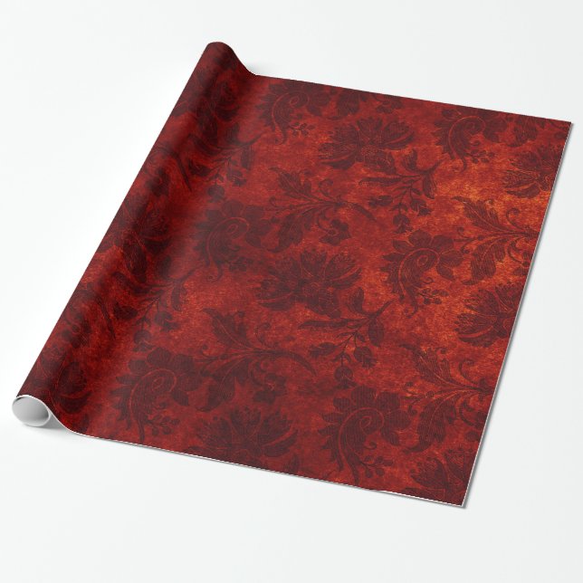 Papel De Presente Padrão floral vermelho-real de damascos vermelhos  (Desenrolado)