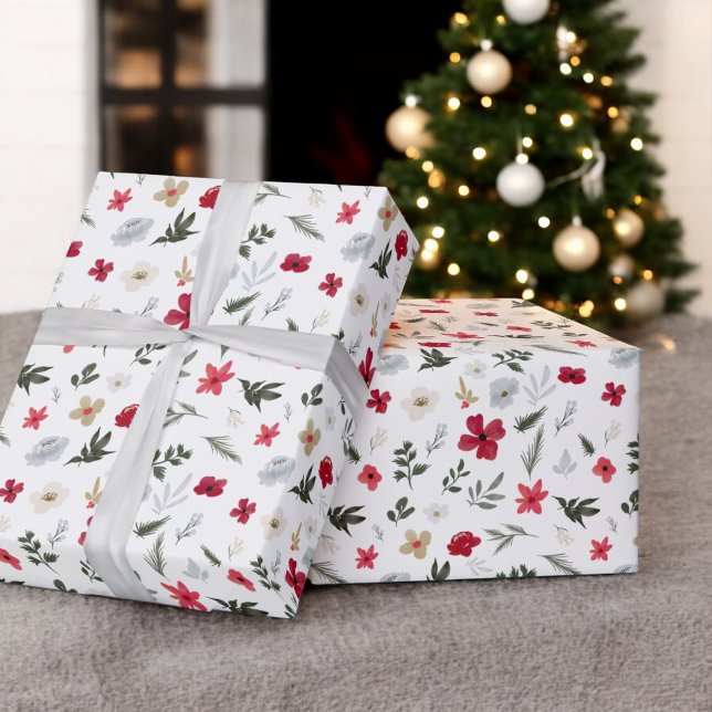 Papel De Presente Padrão floral vermelho-vermelho do Natal elegante (Elegant Christmas Red Green floral pattern Wrapping Paper)