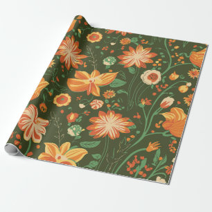 Papel De Presente Padrão Floral Vibrante com Sangue Laranja e Amarel