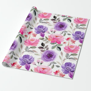 Papel De Presente Padrão Floral Vibrante em Aquarela em Rosa e Roxo