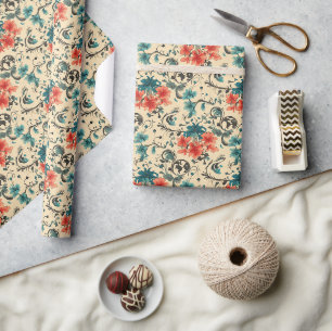 Papel De Presente Padrão Floral Vintage com Flores Vermelhas e Teais