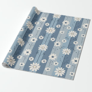 Papel De Presente Padrão Floral Vintage Margarida com Faixa Azul
