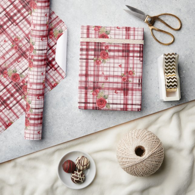Papel De Presente Padrão Florel Vermelho Moderno de Tartan (Artesanato)