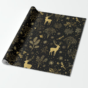 Papel De Presente Padrão Florestal de Inverno Dourado Elegante