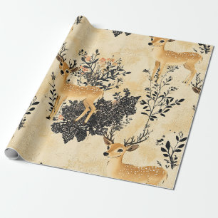 Papel De Presente Padrão Florestal de Veado e Floral Vintage (10)