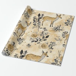 Papel De Presente Padrão Florestal de Veado e Floral Vintage (5)