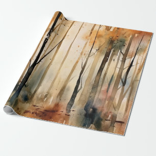 Papel De Presente Padrão Florestal em Aquarela de Outono Dourado