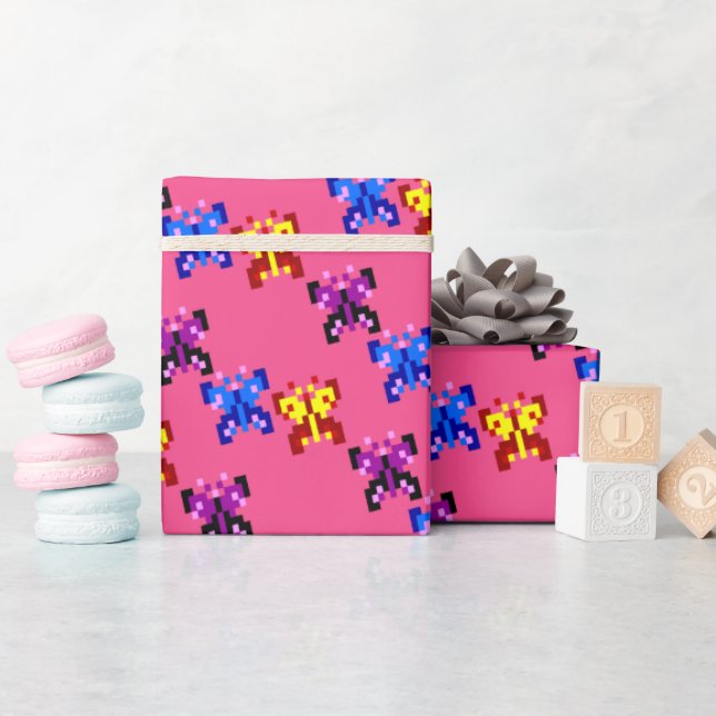 Papel De Presente Padrão Fofo de Borboleta Pixel em Fundo Rosa Neon (Chá de bebê)