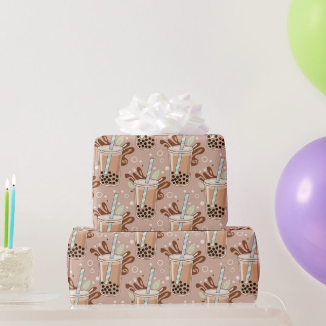 Papel De Presente Padrão Fofo de Bubble Tea (Presentes para festas)