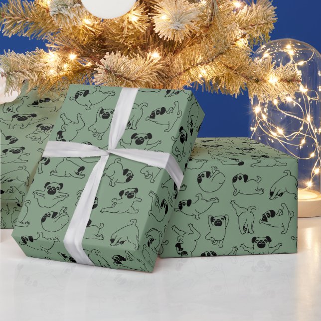 Papel De Presente padrão fofo de cachorro de yoga fundo verde (Feriados)