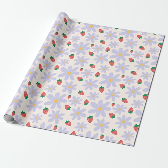 Papel De Presente Padrão Fofo de Margarida e Morango (Desenrolado)