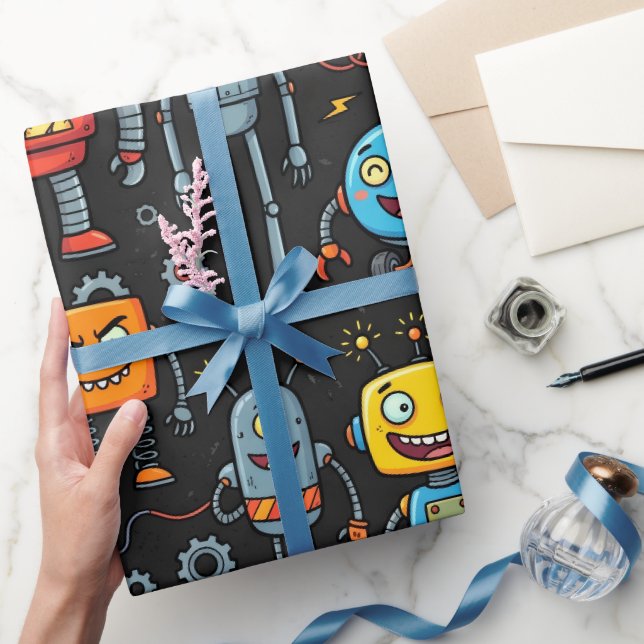 Papel De Presente Padrão Fofo de Robôs e Monstros Retrô (Presentear)