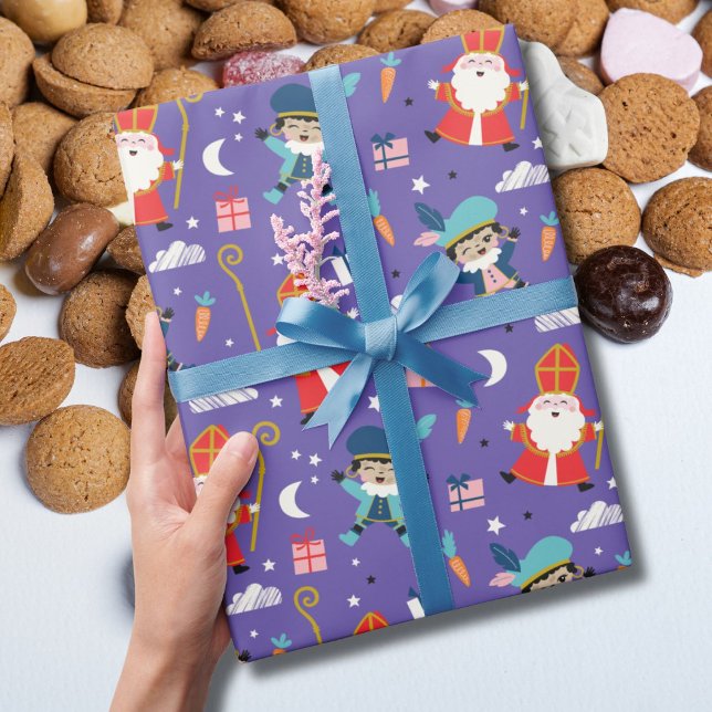 Papel De Presente Padrão fofo de Sinterklaas e Piet em roxo (Criador carregado)