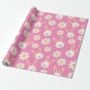 Papel De Presente Padrão Fofo do Coelho de Páscoa com Flores em Rosa