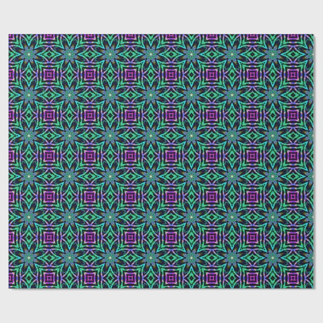 Papel De Presente Padrão Fractal de Caleidoscópio Azul-Verde, Roxo e (Aberto)