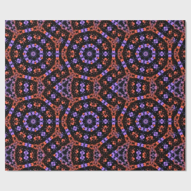 Papel De Presente Padrão Fractal de Caleidoscópio Laranja e Roxo (Aberto)