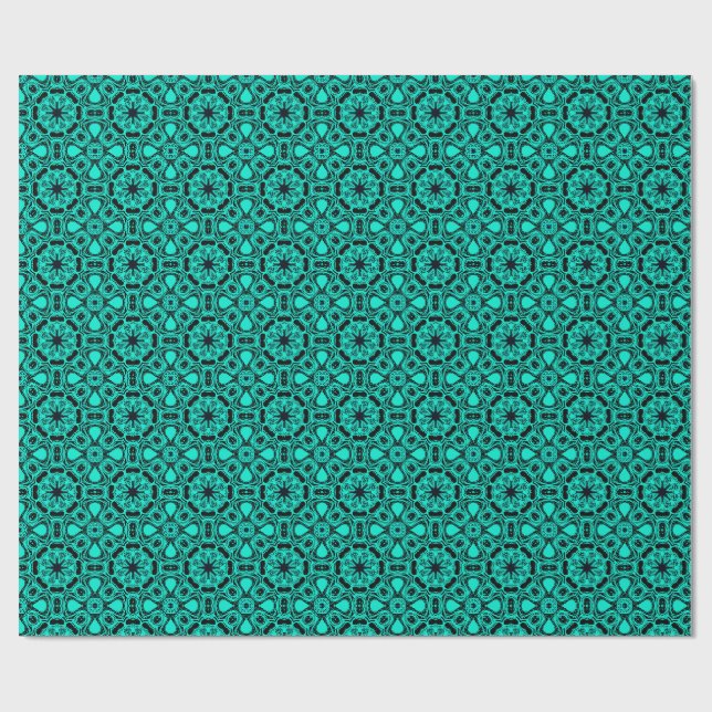 Papel De Presente Padrão Fractal de Caleidoscópio Turquesa e Azul (Aberto)