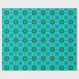Papel De Presente Padrão Fractal de Caleidoscópio Turquesa e Azul
