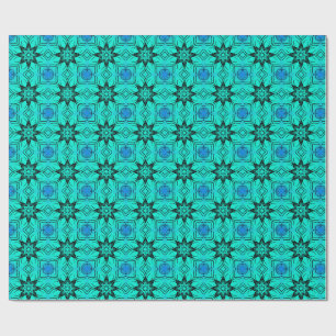 Papel De Presente Padrão Fractal de Caleidoscópio Turquesa e Azul