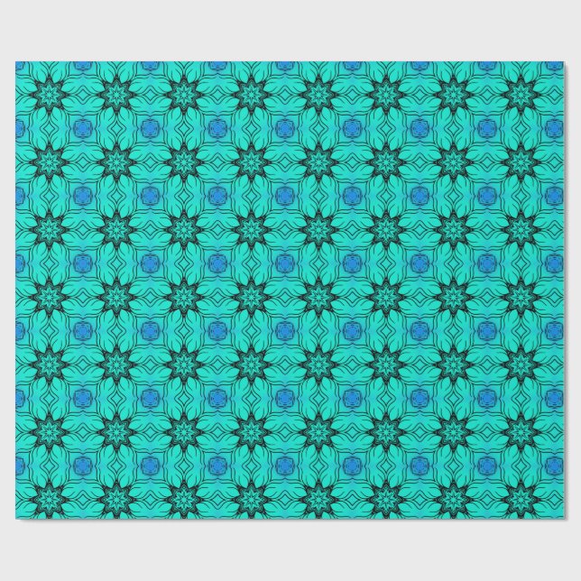 Papel De Presente Padrão Fractal de Caleidoscópio Turquesa e Azul (Aberto)
