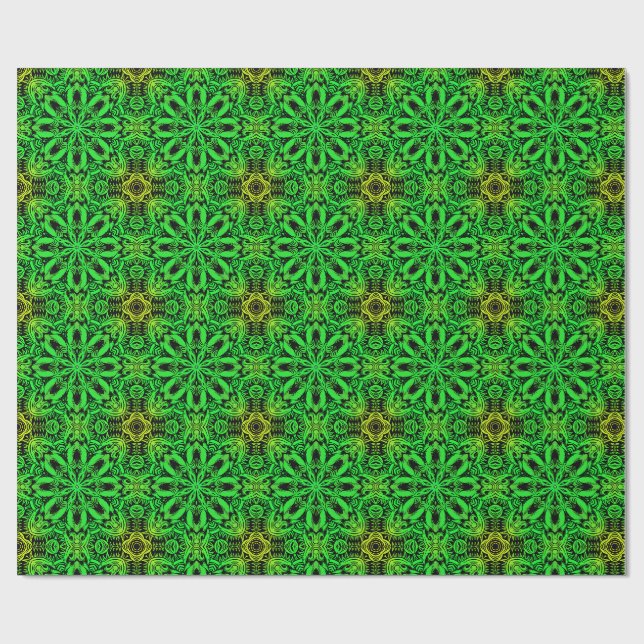 Papel De Presente Padrão Fractal de Caleidoscópio Verde e Preto (Aberto)