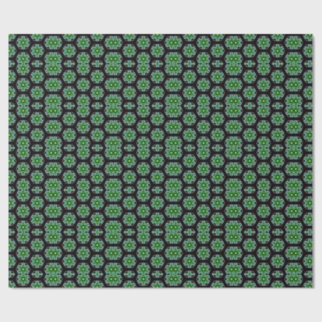 Papel De Presente Padrão Fractal de Caleidoscópio Verde e Preto (Aberto)