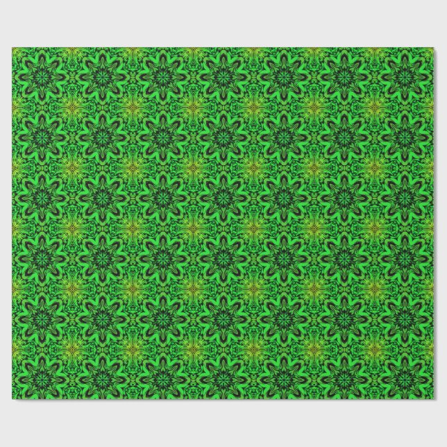 Papel De Presente Padrão Fractal de Kaleidoscópio Verde e Preto (Aberto)