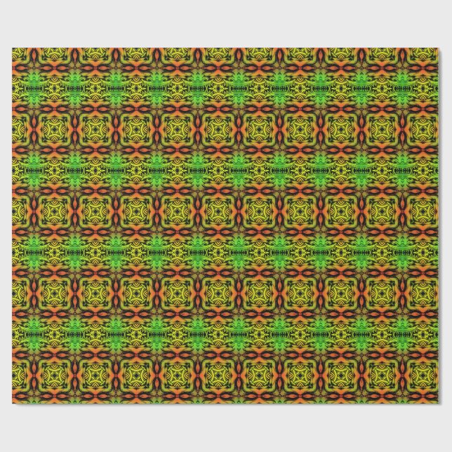 Papel De Presente Padrão Fractal de Kaleidoscópio Verde e Preto (Aberto)