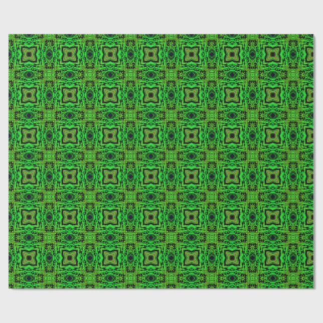 Papel De Presente Padrão Fractal de Kaleidoscópio Verde e Preto (Aberto)