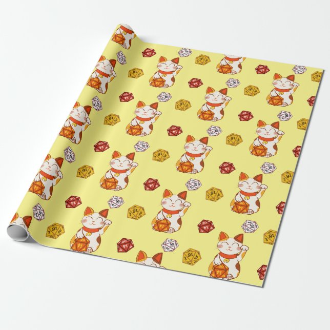 Papel De Presente Padrão Gamer Maneki Neko com D20 Dice (Amarelo) (Desenrolado)