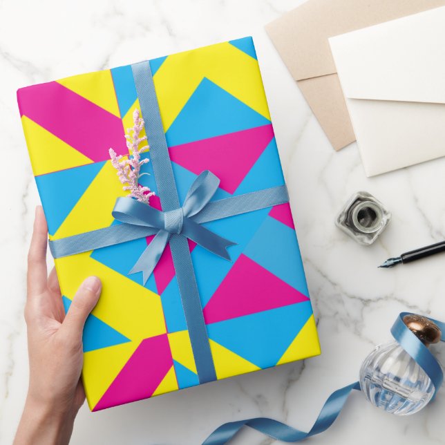 Papel De Presente Padrão Geométrico Amarelo Azul, Quadrado Rosa (Presentear)