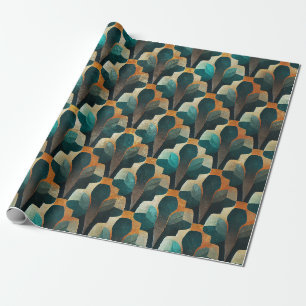 Papel De Presente Padrão Geométrico Art Déco em Verde Água e Dourado