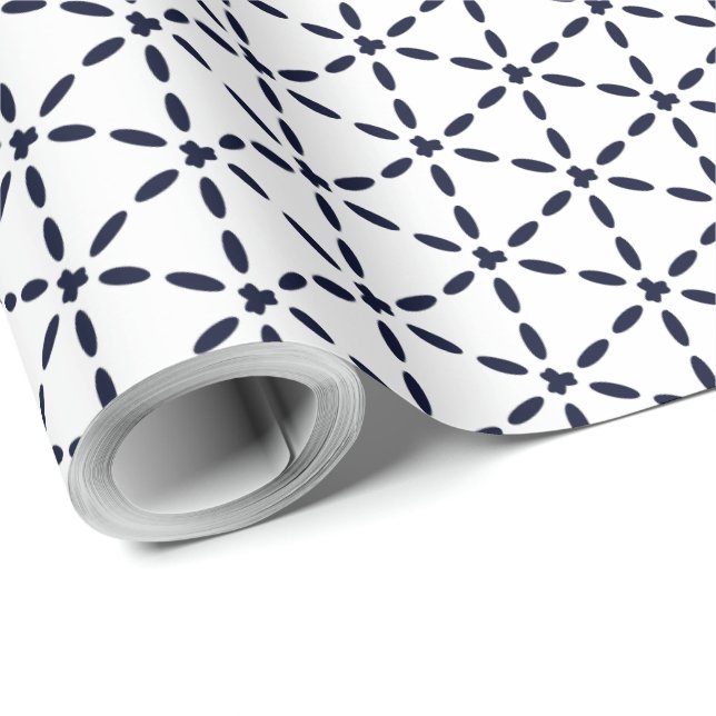 Papel De Presente Padrão Geométrico Azul Marinho em Branco (Ponta do rolo)