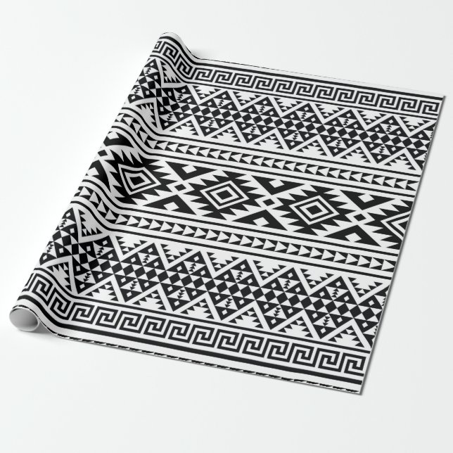 Papel De Presente Padrão Geométrico Branco Negro Tribal Aztec Boho (Desenrolado)