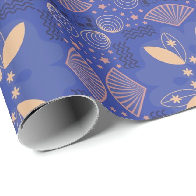 Papel De Presente Padrão geométrico contínuo com formas florais azui (Ponta do rolo)