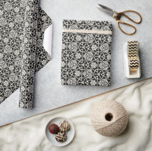 Papel De Presente Padrão Geométrico de Azulejo Preto e Branco