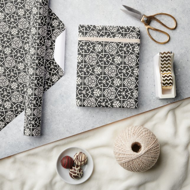 Papel De Presente Padrão Geométrico de Azulejo Preto e Branco (Artesanato)
