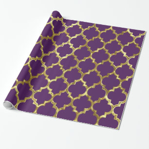 Papel De Presente Padrão Geométrico De Quatrefoil Dourado Em Roxo