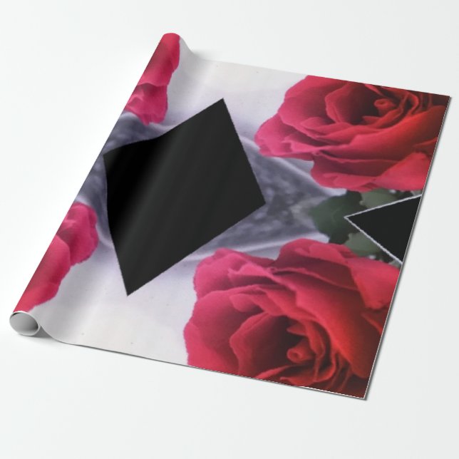 Papel De Presente Padrão Geométrico de rosas vermelhas e Ouros Negro (Desenrolado)