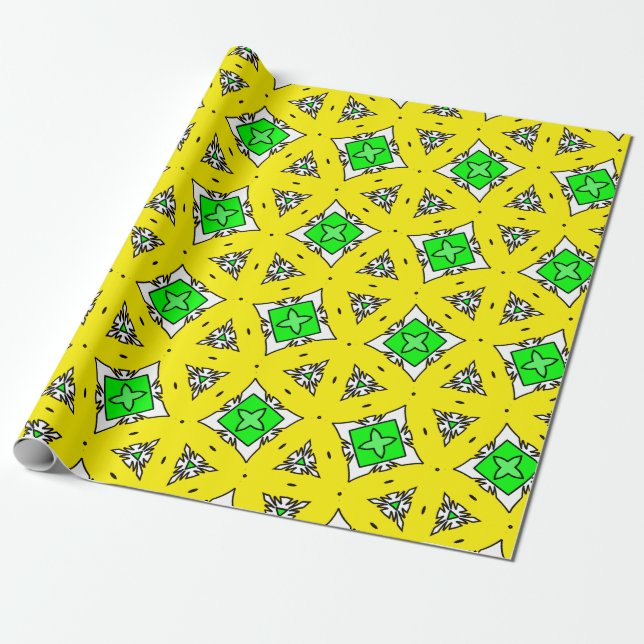 Papel De Presente Padrão Geométrico de Starburst Amarelo e Verde (Desenrolado)
