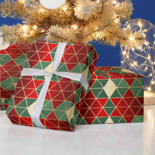Papel De Presente Padrão Geométrico Dourado Vermelho Natal