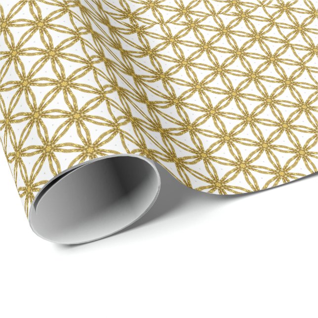 Papel De Presente Padrão Geométrico Elegante Dourado e Branco (Ponta do rolo)